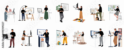 Set of professional architects and engineers working on diverse architectural projects with blueprints, digital tools, and models in flat illustration style.
