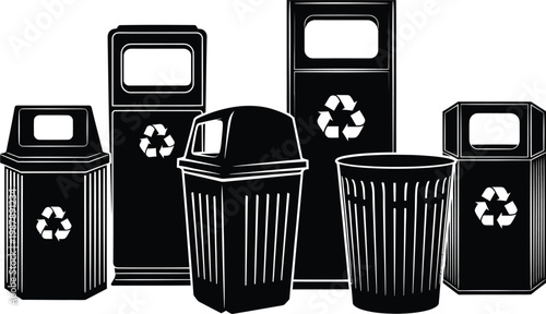 Black Trash Cans and Recycling Bins on White Background