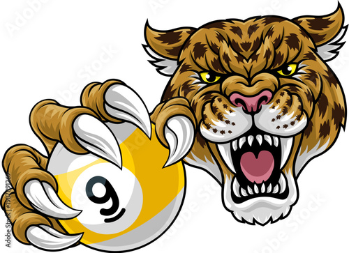 Cartoon jaguar leopard cheetah sports team mascot holding a billiards pool 9 ball or nine ball.