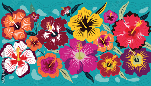 Vibrant tropical hibiscus flowers blossom in a delightful array of colors, creating a cheerful and exotic floral pattern, perfect for summer designs