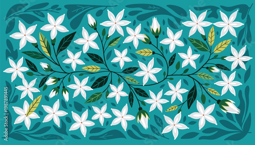 Botanical illustration of white jasmine flowers and green leaves forming a beautiful decorative floral pattern on a vibrant teal background