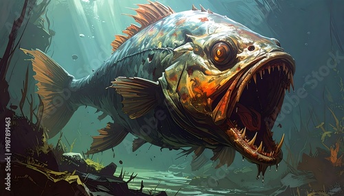 A fierce, oversized fish with sharp teeth and open jaws swims in murky water, illuminated by shafts of light