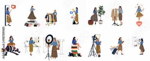 Collection of vector illustrations featuring a stylish woman in different professional roles related to fashion, social media influencing, photography, and creative business.