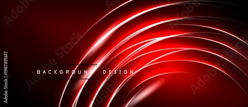 Dynamic red neon lines create abstract circular pattern. Dark background emphasizes glowing curves, modern design element.