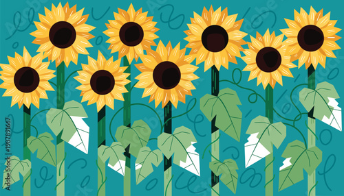 A field of bright yellow sunflowers with green leaves against a teal background with abstract swirls and dots