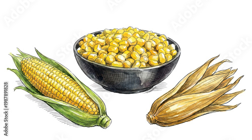 Fresh corn kernels in bowl and on cob on checkered background.