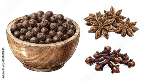 Black peppercorns in wooden bowl with star anise and cloves spices.