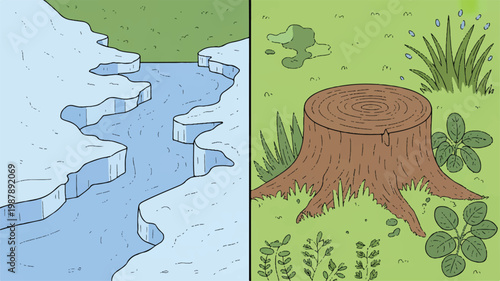 Eroded riverbank with tree stump next to green grass and plants