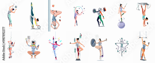 Futuristic Sci-Fi Illustration Set of Female Gymnasts, Dancers, and Astronauts in High-Tech Costumes and Dynamic Poses