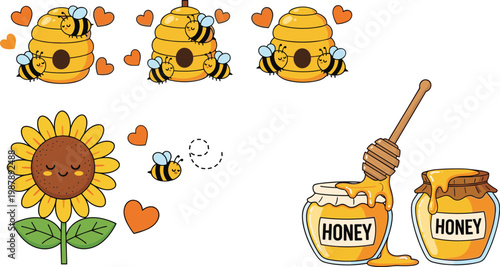 Cute bees with honey jars and sunflower illustration
