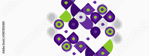 Abstract geometric pattern. Circles, squares, dots create vibrant composition. Purple, green, gray hues dominate design. Modern aesthetic.