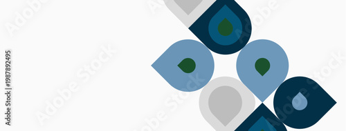 Abstract water droplet shapes, varying shades blue, gray, teal. Minimalist design, clean background, simple geometry.