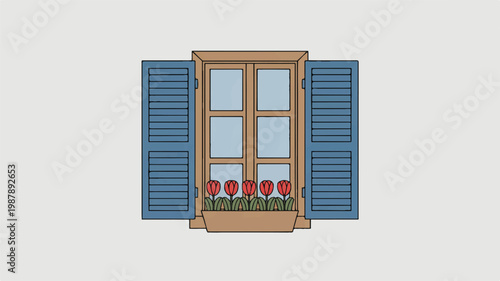 Illustration of a window with blue shutters and red tulips in the flower box