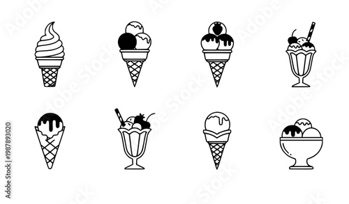 Ice cream cone icon set editable stroke scoop cup dessert vector isolated on white background