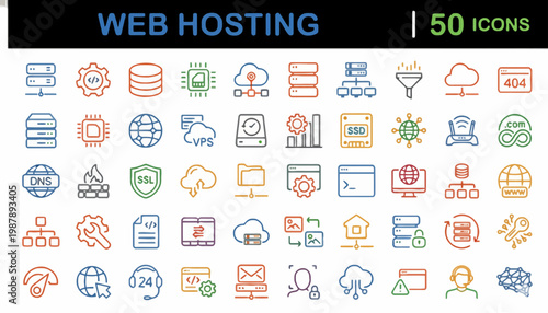 Web Hosting Icon Sheet - A Vector Icon Sheet for Web Hosting Services, Featuring 50 Unique Icons