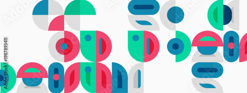 Abstract geometric shapes overlap, creating colorful patterns. Circles, squares, rectangles dominate composition. Light background enhances vibrancy.