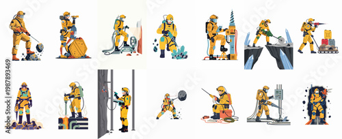 Collection of futuristic sci-fi miners in yellow hazmat suits using advanced drilling and excavation equipment to mine crystals and rocks in outer space.