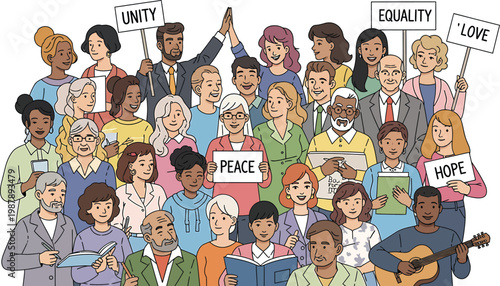 Diverse People Holding Peace Unity Love Hope Equality Signs