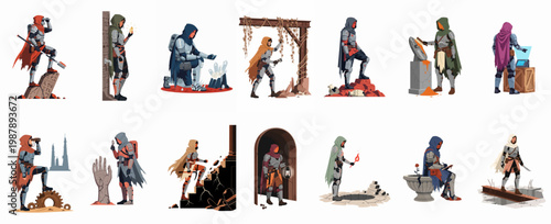 Set of futuristic space archaeologists and explorers discovering ancient ruins and artifacts on alien planets in a flat vector illustration style.