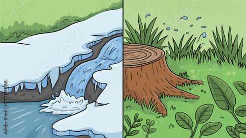 Seasonal change from winter to spring in nature with snow melting and tree stump in grass