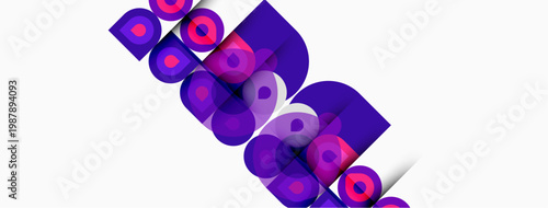 Abstract purple design features layered squares, circles. Modern aesthetic, clean lines, vibrant colors, minimalist composition.
