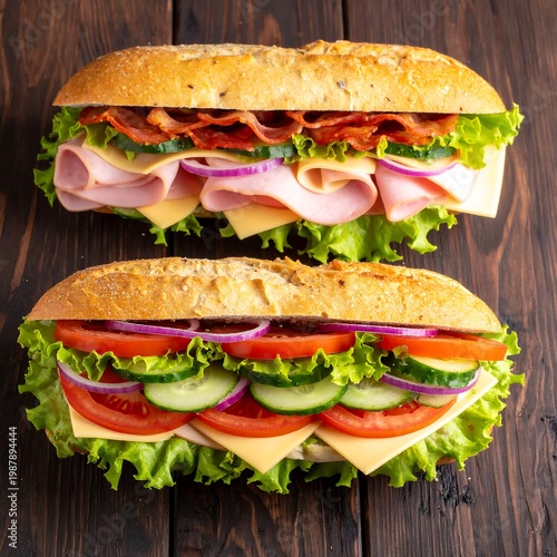 Overhead shot of two gourmet sandwiches on rustic bread, showcasing colorful fresh ingredients and textures