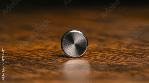 A silver button on a wooden table.