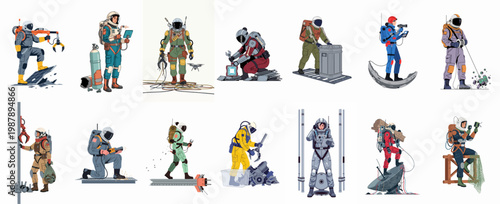 Illustrations of space engineers and technicians performing maintenance, waste management, and construction tasks in futuristic orbital environments.