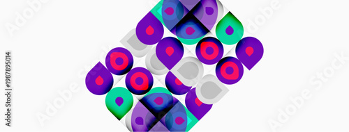 Abstract pattern features repeating rounded squares. Purple, teal, pink hues create vibrant geometric composition. Simple design, modern aesthetic.