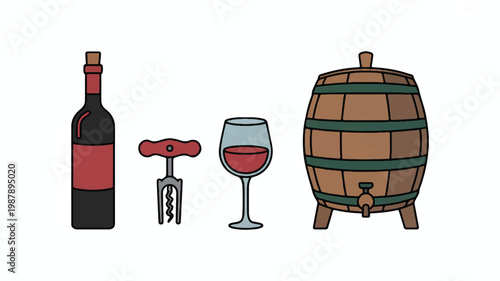 wine bottle corkscrew glass and barrel for wine making and drinking