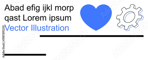 Technology, relationships, love, process, communication, design. Blue heart and gear icon paired with placeholder text. s relationships and technology