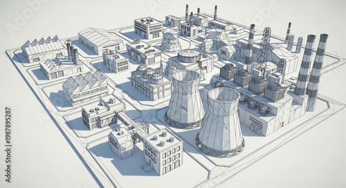 Industrial Complex Rendering with Detailed Structures and Pipelines.