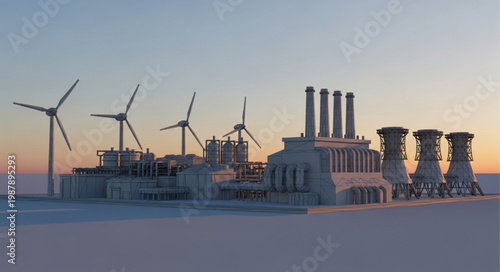 Industrial power plant with wind turbines at sunset.
