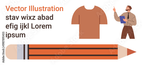 Education, business, design, apparel, writing, presentation . Man presenting and pointing, pencil t-shirt and text elements. Education and business-related visual concepts