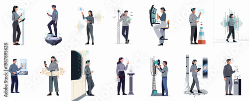 Set of flat vector illustrations depicting futuristic professionals interacting with advanced technology, holograms, data visualizations, and communication systems in a minimalist style.