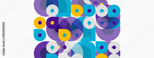 Abstract circles, squares overlap. Purple, teal, yellow hues dominate neutral background. Modern design, playful composition.