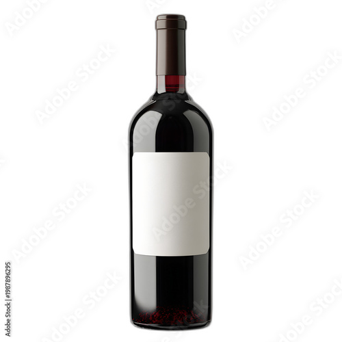 Dark glass wine bottle with blank label isolated on transparent background, packaging mockup style for branding