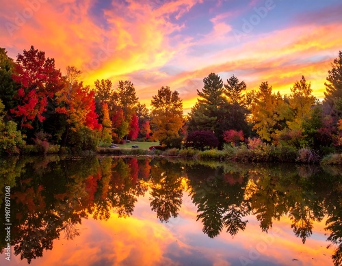 A tranquil lake mirrors vibrant autumn foliage under a fiery sunset. The colorful trees line the water's edge creating a picturesque scene