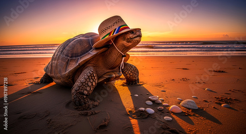 Turtle wearing a hat walking on a sandy beach at sunset in whimsical style; tropical animal enjoying vacation on shoreline