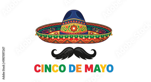 A colorful sombrero and mustache with cinco de mayo text