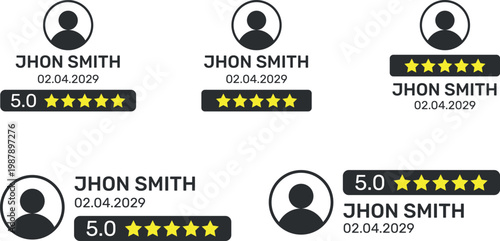 User testimonial and review elements with star ratings and profile icons. clean ui kit for customer feedback, rating systems, and social proof design