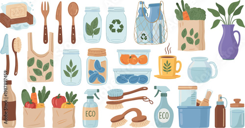 Sustainable Household Items Arranged in Vertical Layout with Eco Friendly Concepts