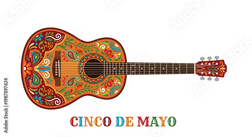 A vibrant decorated acoustic guitar with cinco de mayo text