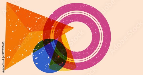 Colorful geometric shapes animation. Object in trendy riso graph design. Geometry elements abstract risograph texture style video.