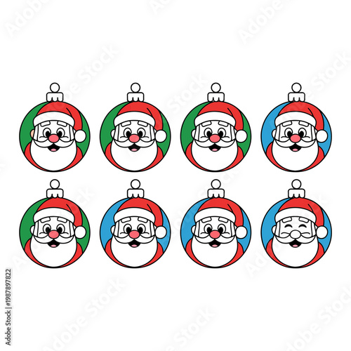 Santa Claus cartoon illustration set of Christmas ornaments with colorful backgrounds