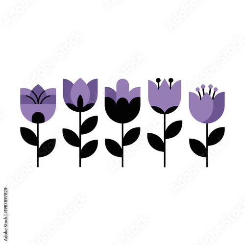 A flower icon illustration set of purple and black tulips on a beige background