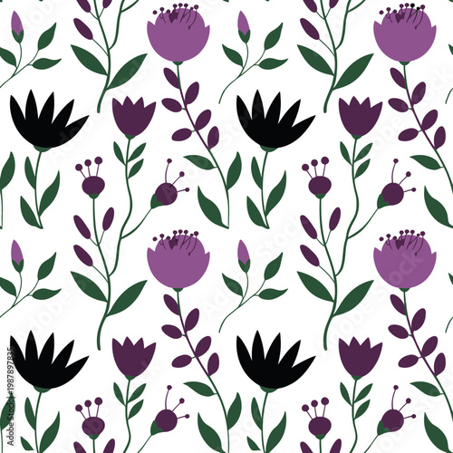A flower illustration with purple and black flowers on a lilac background