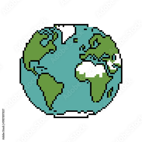 Earth globe pixel art illustration on a light green background