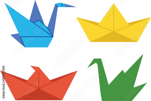 Origami crane and boat illustrations in various bright colors