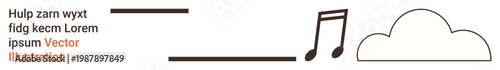 Graphic design, music streaming, cloud services, text display, digital concepts, creative communication. Minimalist design with a music note, cloud shape and placeholder text. Music streaming